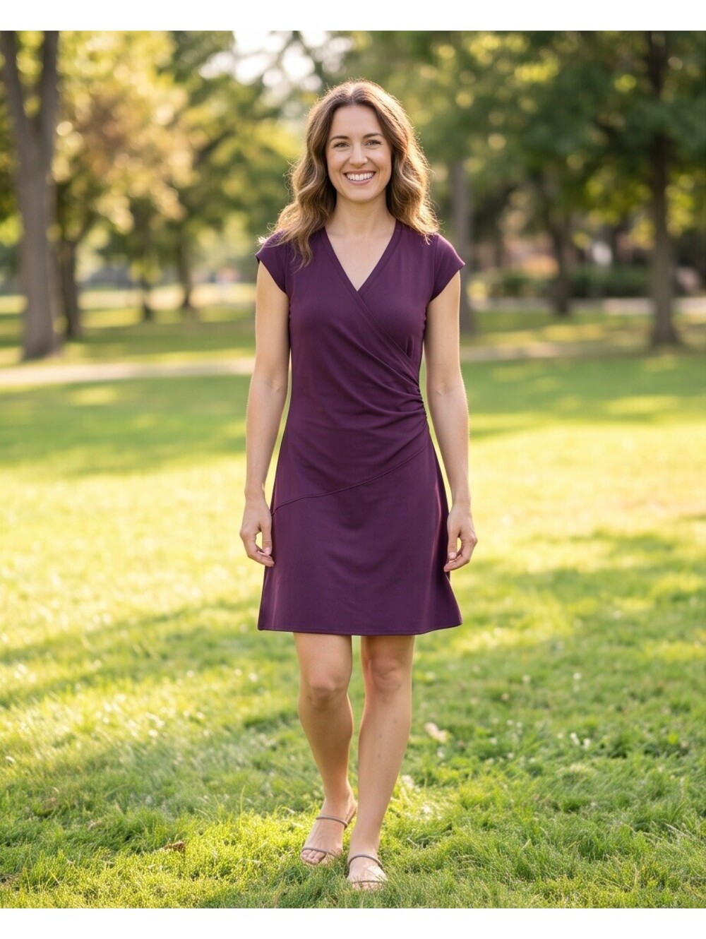 Athleta Nectar Dress Women SP Small Petite Plum Faux Wrap Ruched Travel Stretch